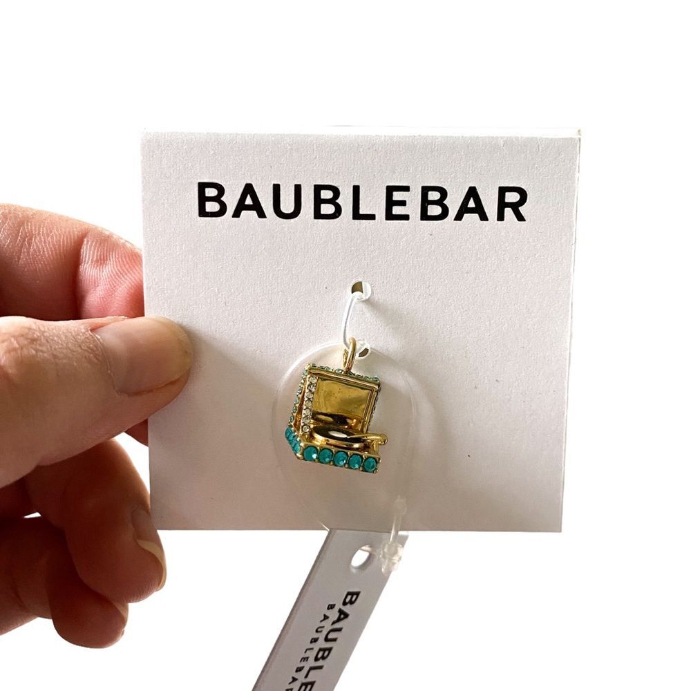 BaubleBar Blue Gold Jeweled Retro Record Player Charm Pendant Necklace Vintage